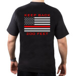 T-Shirt nero, "KEEP BACK 200 FEET / 343" flag, silver/red