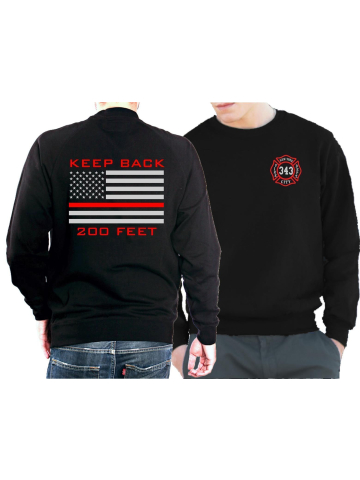 Sweat negro, "KEEP BACK 200 FEET", flag, silver/red