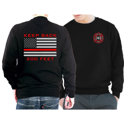 Sweat noir, &quot;KEEP BACK 200 FEET&quot;, flag, silver/red