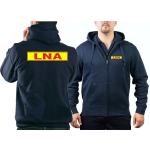 Hooded jacket navy, LNA red with Rand auf neonyellow