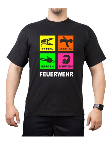T-Shirt black, FEUERWEHR - Retten-Löschen-Bergen-Schützen, neon