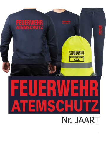 Sweat-Jogging suit navy, FEUERWEHR ATEMSCHUTZ in red with Aufbewahrungsrucksack
