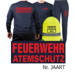 Sweat-Jogging suit navy, FEUERWEHR ATEMSCHUTZ in red with Aufbewahrungsrucksack