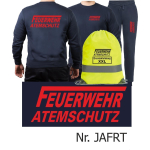 Sweat-Jogging suit navy, FEUERWEHR ATEMSCHUTZ long "F" in red with Aufbewahrungsrucksack