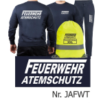 Sweat-Vestimenta para correr azul marino, FEUERWEHR ATEMSCHUTZ largo "F" blanco con Aufbewahrungsrucksack