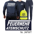Sweat-Vestimenta para correr azul marino, FEUERWEHR ATEMSCHUTZ largo "F" blanco con Aufbewahrungsrucksack