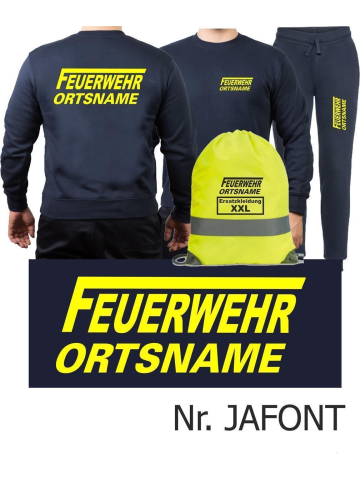 Sweat-Jogginganzug navy, FEUERWEHR ORTSNAME mit langem "F" neongelb + Rucksack