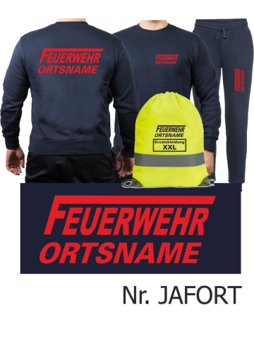 Sweat-Jogginganzug navy, FEUERWEHR ORTSNAME mit langem "F" in rot + Rucksack