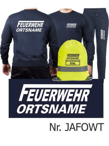 Sweat-Jogginganzug navy, FEUERWEHR ORTSNAME mit langem "F" in weiß + Rucksack