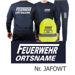 Sweat-Jogginganzug navy, FEUERWEHR ORTSNAME mit langem "F" in weiß + Rucksack