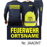 Sweat-Jogginganzug navy, FEUERWEHR ORTSNAME neongelb + Rucksack