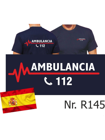 T-Shirt blu navy (Camisetat azul oscuro), AMBULANCIA 112 (España) con linea roja ECG