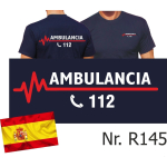 T-Shirt azul marino (Camisetat azul oscuro), AMBULANCIA 112 (España) con linea roja ECG