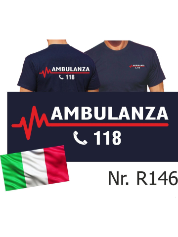 T-Shirt navy (Maglietta blu scuro), AMBULANZA 118 (Italia) con linea ECG rossa