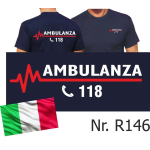 T-Shirt blu navy (Maglietta blu scuro), AMBULANZA 118 (Italia) con linea ECG rossa