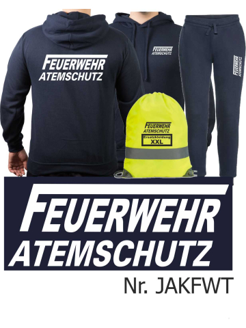 Hoodie-Jogginganzug navy, FEUERWEHR ATEMSCHUTZ langes "F" weiß mit Aufbewahrungsrucksack