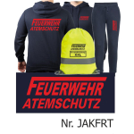 Hoodie-Jogging suit navy, FEUERWEHR ATEMSCHUTZ long "F" red with Aufbewahrungsrucksack