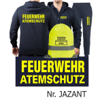 Hooded jacket-Jogging suit navy, FEUERWEHR ATEMSCHUTZ neonyellow with Aufbewahrungsrucksack