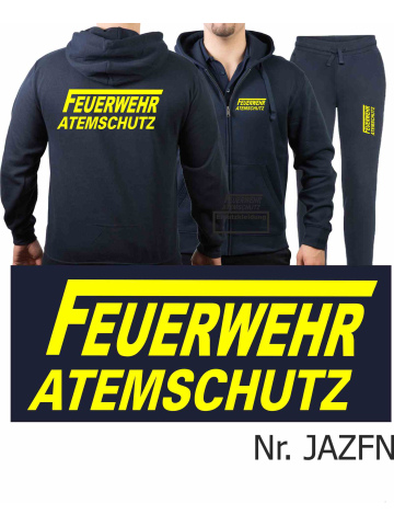 Chaqueta con capucha-Vestimenta para correr azul marino, FEUERWEHR ATEMSCHUTZ con largo "F" neonamarillo
