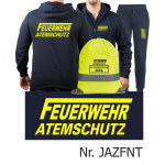 Hooded jacket-Jogging suit navy, FEUERWEHR ATEMSCHUTZ with long "F" neonyellow with Aufbewahrungsrucksack