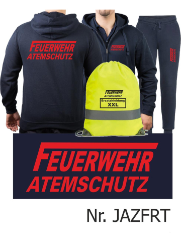 Hooded jacket-Jogging suit navy, FEUERWEHR ATEMSCHUTZ with long "F" in red with Aufbewahrungsrucksack