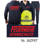 Hooded jacket-Jogging suit navy, FEUERWEHR ATEMSCHUTZ with long "F" in red with Aufbewahrungsrucksack