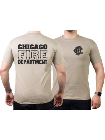 CHICAGO FIRE Dept. old emblem on front, sand T-Shirt