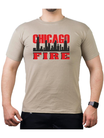 CHICAGO FIRE Dept. Skyline on front, rosso/nero, sand T-Shirt
