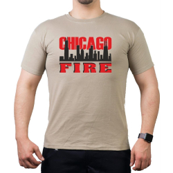 CHICAGO FIRE Dept. Skyline on front, red/black, sand T-Shirt