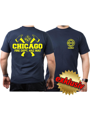 CHICAGO FIRE Dept. axes and hazard diamond HAZ MAT neonyellow, azul marino T-Shirt