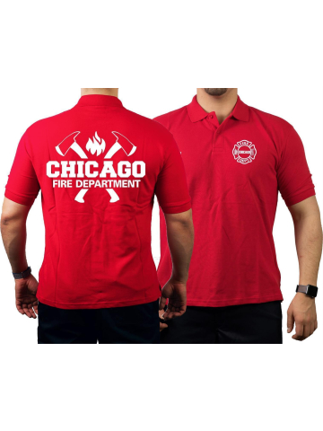 CHICAGO FIRE Dept. axes and flames, red Polo