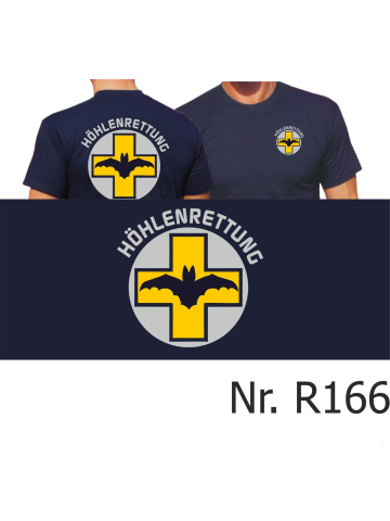 T-Shirt azul marino, HÖHLENRETTUNG amarillos Kr euz y Fledermaus