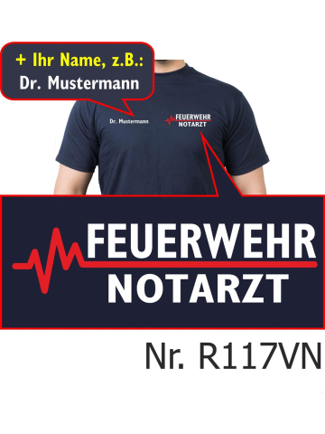 T-Shirt blu navy, FEUERWEHR - medico di emergenza con rosso EKG-linea (auf Brust) con nomi