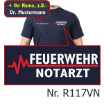 T-Shirt navy, FEUERWEHR - emergency doctor with red EKG-line (auf Brust) with name