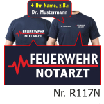 T-Shirt navy, FEUERWEHR - NOTARZT mit roter EKG-Linie (beidseitig) mit Namen
