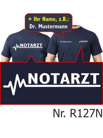 T-Shirt navy, NOTARZT mit weißer EKG-Linie (beidseitig) mit Namen