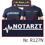 T-Shirt azul marino, Doctor de emergencias con blanco EKG-línea (beidseitig) con nombres