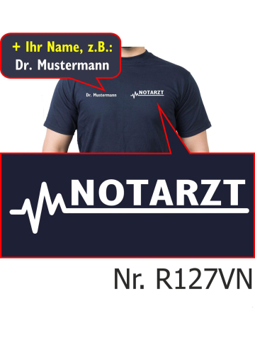 T-Shirt azul marino, Doctor de emergencias con blanco EKG-línea (auf Brust) con nombres