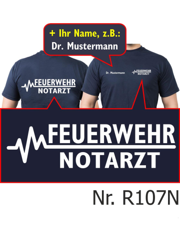 T-Shirt blu navy, FEUERWEHR - medico di emergenza (beidseitig) con nomi