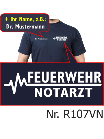 T-Shirt azul marino, FEUERWEHR - Doctor de emergencias (auf Brust) con nombres