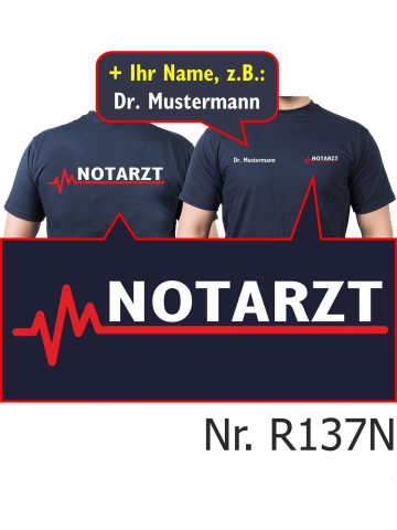 T-Shirt azul marino, Doctor de emergencias con rojo EKG-línea (beidseitig) con nombres