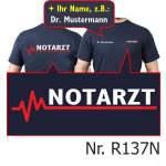 T-Shirt azul marino, Doctor de emergencias con rojo EKG-línea (beidseitig) con nombres