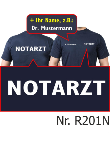 T-Shirt blu navy, medico di emergenza, font bianco (beidseitig) con nomi