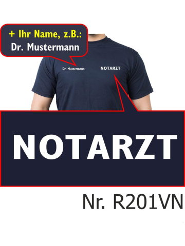 T-Shirt marin, docteur urgentiste, police de caractère blanc (auf Brust) avec noms