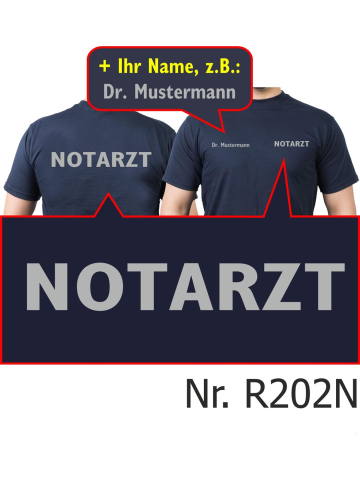 T-Shirt blu navy, medico di emergenza, font argento (beidseitig) con nomi