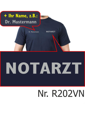 T-Shirt blu navy, medico di emergenza, font argento (auf Brust) con nomi