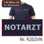 T-Shirt blu navy, medico di emergenza, font argento (auf Brust) con nomi