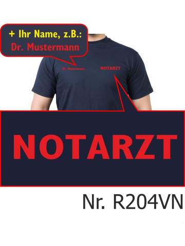 T-Shirt blu navy, medico di emergenza, font rosso (auf Brust) con nomi