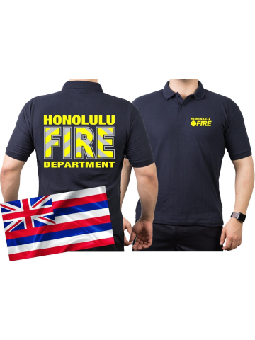 Polo azul marino, HONOLULU FIRE Dept. (Hawaii) (plata-neonamarillo)
