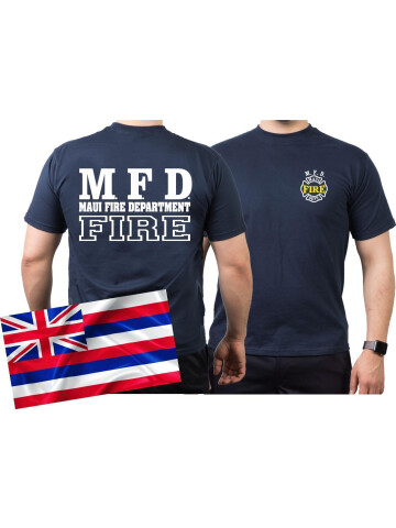 T-Shirt blu navy, Maui Fire Dept.(Hawaii) (bianco+giallo) 3XL